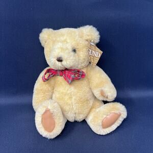 Gund Bear Plush 1982 Plaid Red Bow Seated Tan Brown Jointed Teddy Vintage